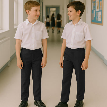 Boys School Trousers, Plain Flat Front Pull Up Half Elastic Waist Trousers, Teflon Coated Stain-Resistant School Uniform Pants, Ages 3-13
