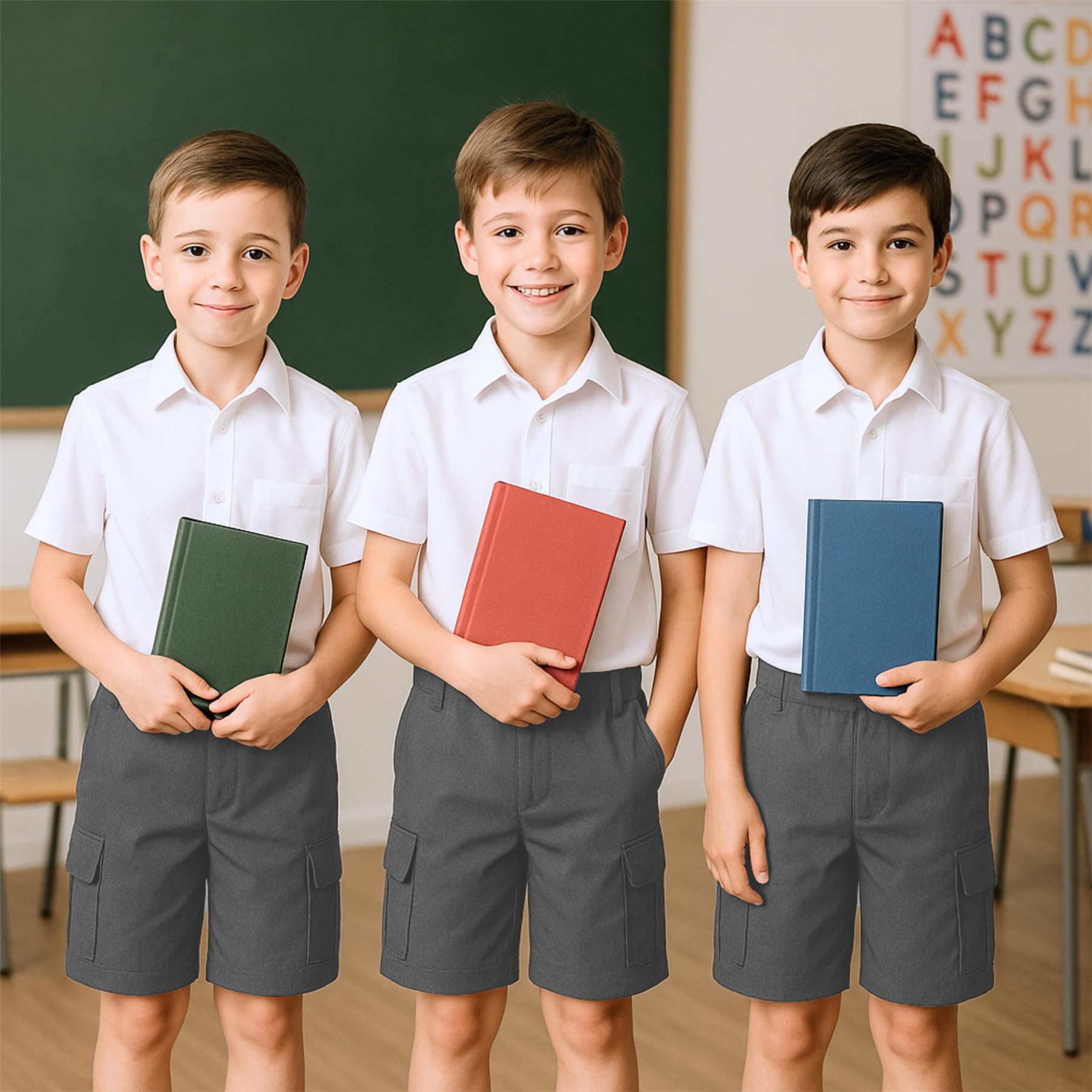 SchoolStitch® Boys School Uniform Cargo Shorts, Teflon-Coated Plain Elasticated Waist Boys Shorts with Zip and Clip Fastening, Black & Grey Uniform Summer Short Pants, Ages 3-13 Years