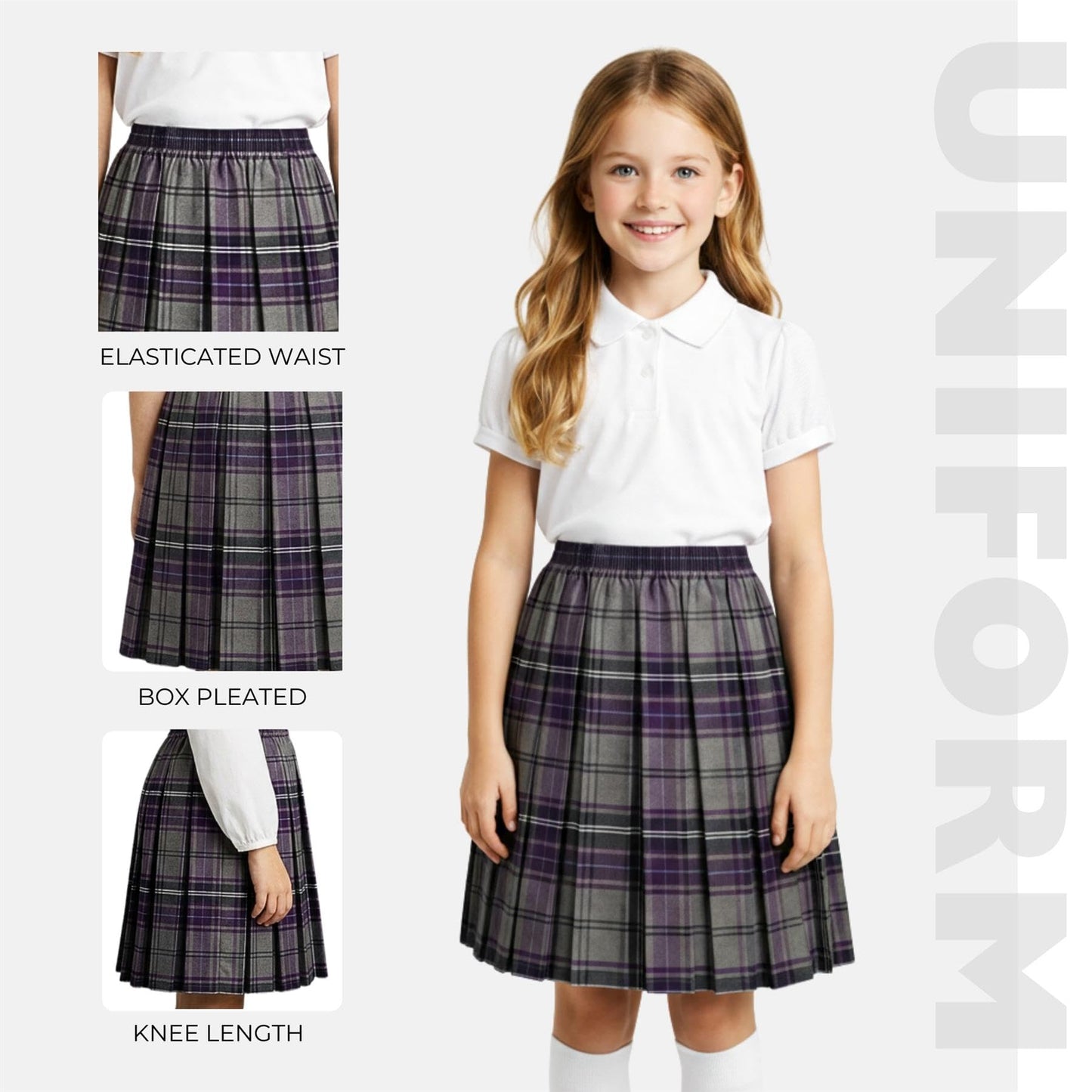 SchoolStitch® Girls Box Pleated School Skirt, Plain All-Round Elasticated Waist Pleated Skirt, Knee Length Tartan Skirts, School Uniform Girls Summer Skirts, Ages 2-34