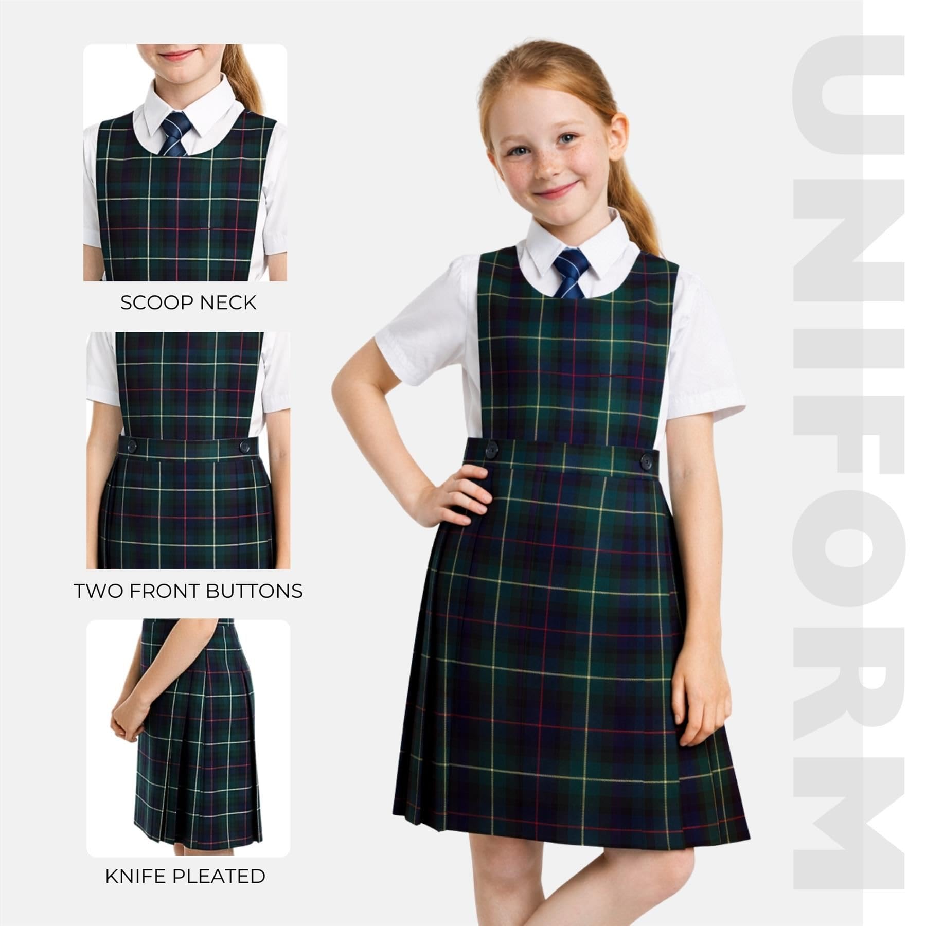 SchoolStitch® Girls School Uniform Sleeveless Pinafore Dress, Knife Pleats Wrap-Over Bib Tartan Dress, Summer School Dresses for Girls, Age 2-18 Years