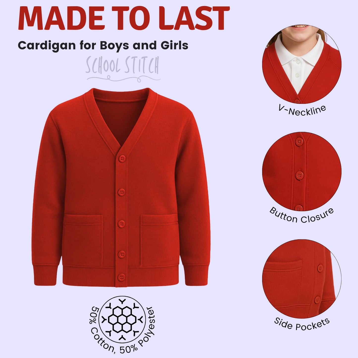 Girls Boys School Uniform Long Sleeve Cardigan, Kids Unisex Button up V Neck Jumper, Plain Sweater with Front Pockets, School Cardigans for Girls and Boys Age 2-13 Years