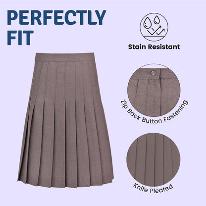 SchoolStitch® Girls School Skirt, Plain Zip Back Button Knee Length Knife Pleated Skirt, Ladies Formal Wear Skirts, Lightweight Girls School Uniform Summer Skirts