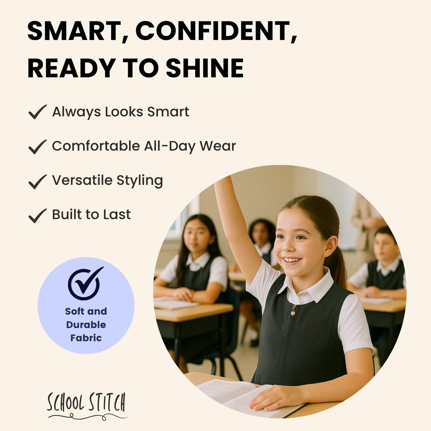 SchoolStitch® Girls School Uniform Plain Pinafore Dress, Round Neck Sleeveless Zip Closure Pleated Dress with Heart Pockets, Elegant School Uniform Girls Pinafore Dresses, Ages 2-14