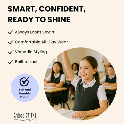 SchoolStitch® Girls School Uniform Plain Pinafore Dress, Round Neck Sleeveless Zip Closure Pleated Dress with Heart Pockets, Elegant School Uniform Girls Pinafore Dresses, Ages 2-14