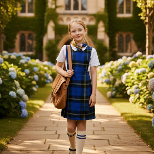 SchoolStitch® Girls School Uniform Sleeveless Pinafore Dress, Knife Pleats Wrap-Over Bib Tartan Dress, Summer School Dresses for Girls, Age 2-18 Years