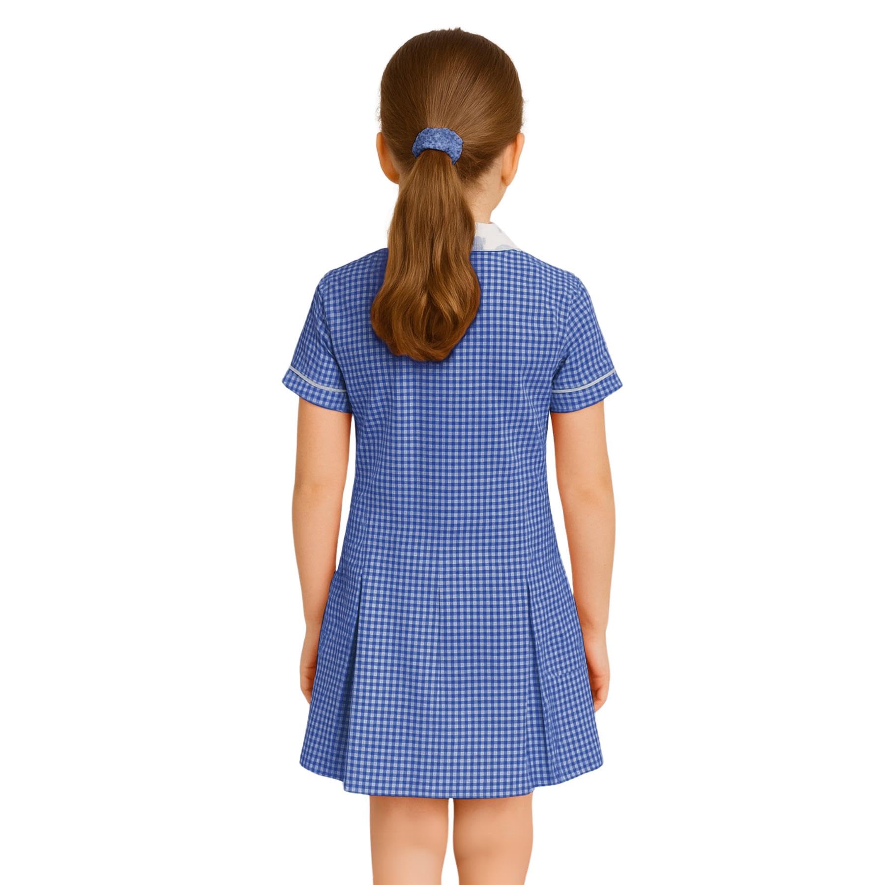 Girls Gingham School Dress, Kids Short Sleeve Zip up Check Print Pleated School Uniform Girls Summer Dress with Side Pockets and Hair Bobble, Ages 3-20