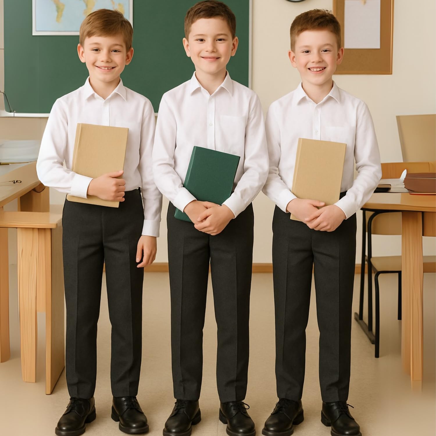 SchoolStitch® Boys School Trousers, Plain Flat Front Waist Adjuster Boys Trousers, Comfortable Slim Fit School Uniform Pants with Pockets