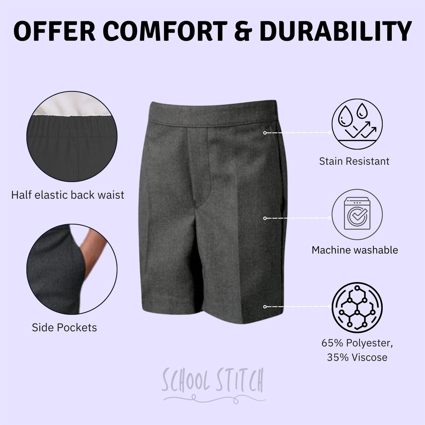 Boys School Shorts, Half Elastic Back Knee Length Pull On Shorts with Pockets, Kids Plain Teflon Coated Black Short Pants, School Uniform Boys Ages 2-13