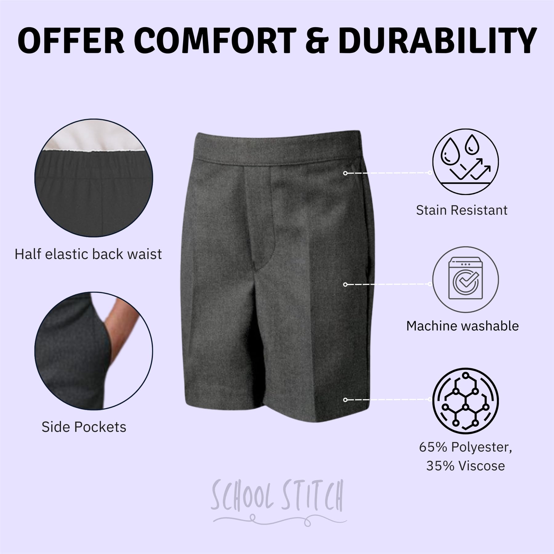 Boys School Shorts, Half Elastic Back Knee Length Pull On Shorts with Pockets, Kids Plain Teflon Coated Black Short Pants, School Uniform Boys Ages 2-13