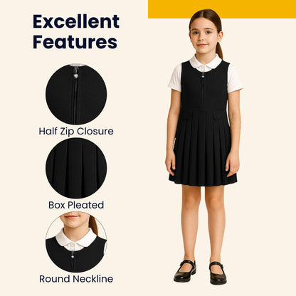 Girls School Uniform Pinafore Dress, Round Neck Sleeveless Pleated Dress, Heart Zip School Pinafore for Girls with Two Button Front, Ages 2-16