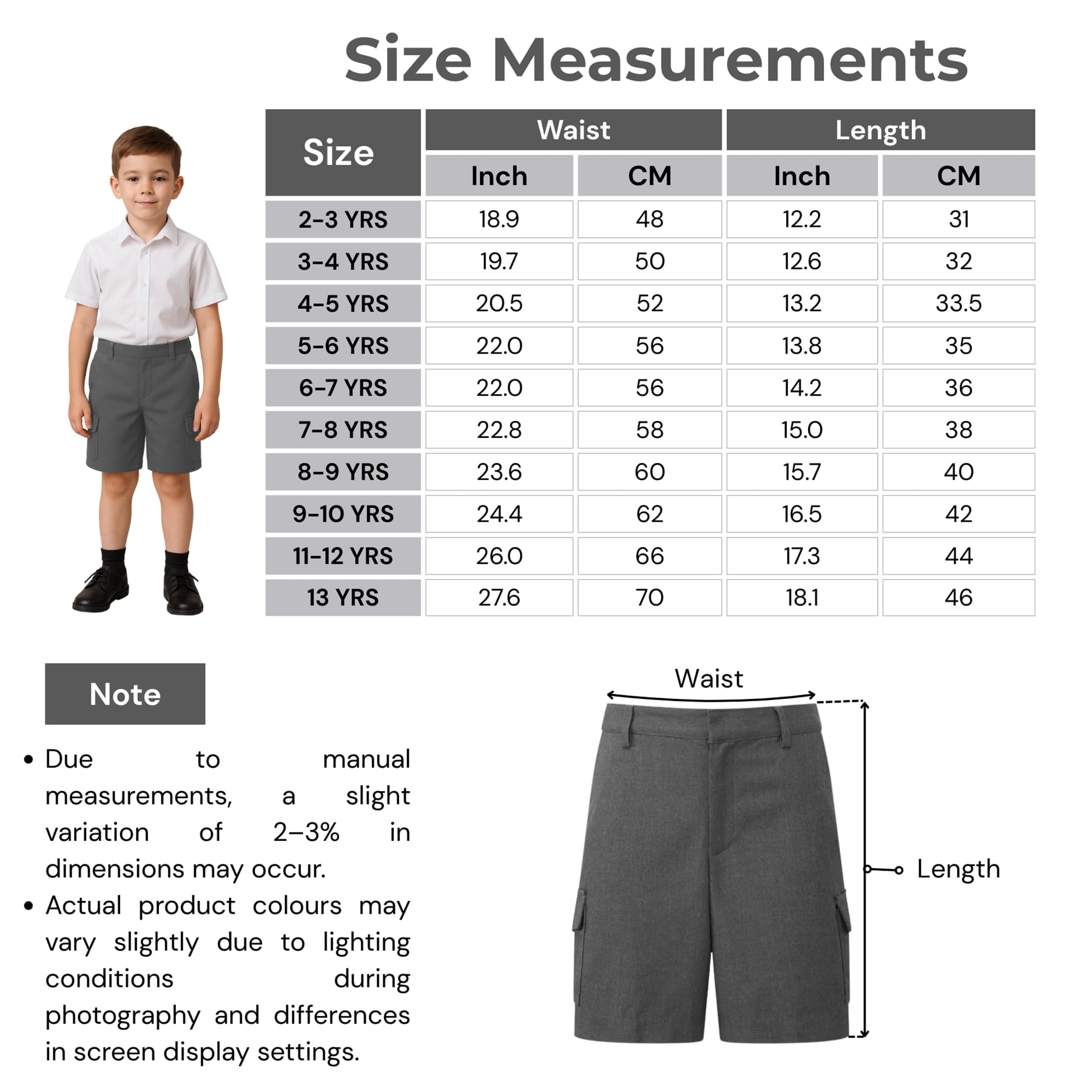 SchoolStitch® Boys School Uniform Cargo Shorts, Teflon-Coated Plain Elasticated Waist Boys Shorts with Zip and Clip Fastening, Black & Grey Uniform Summer Short Pants, Ages 3-13 Years