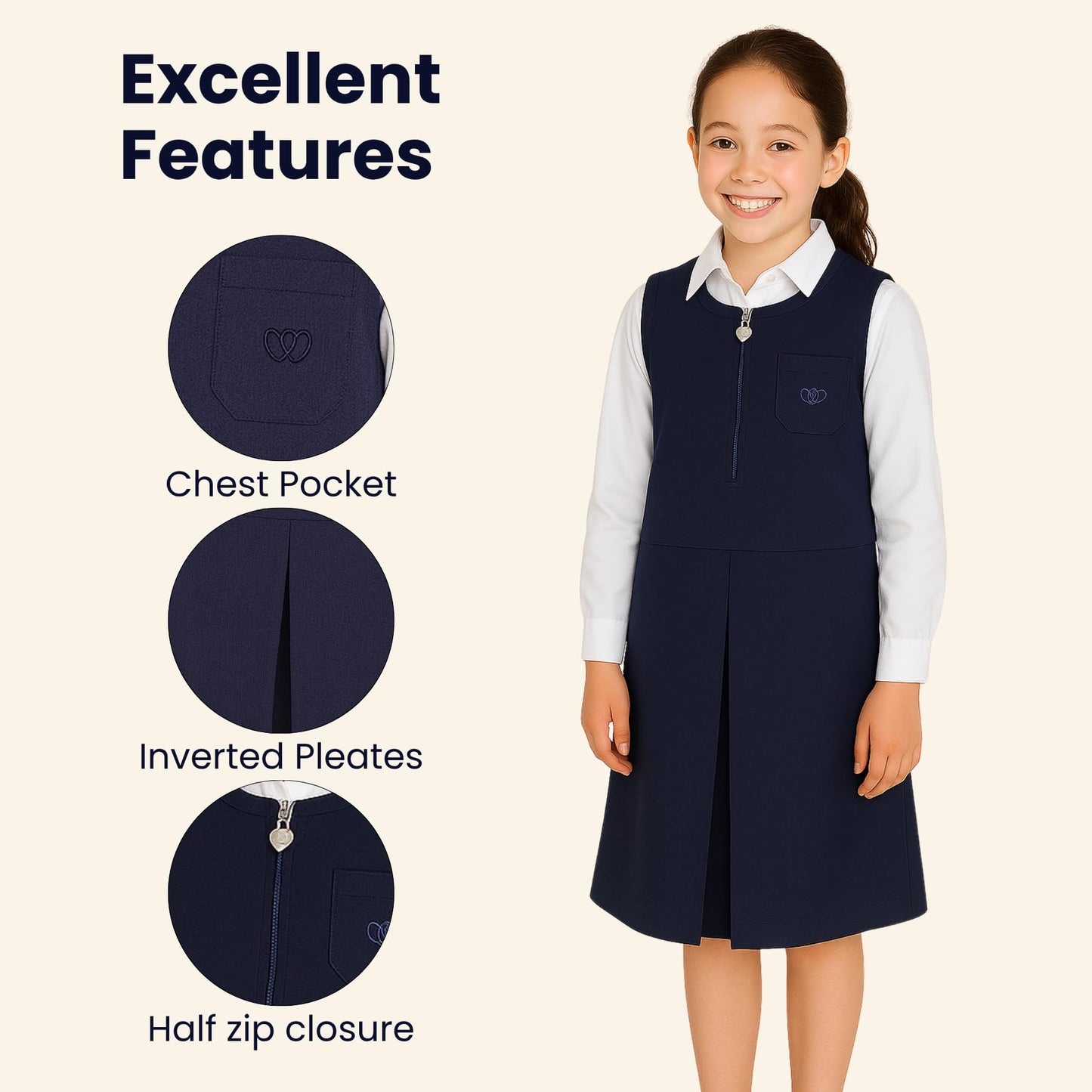 SchoolStitch® Girls School Uniform Plain Pinafore Dress, Round Neck Sleeveless Zip Closure Pleated Dress with Heart Pockets, Elegant School Uniform Girls Pinafore Dresses, Ages 2-14