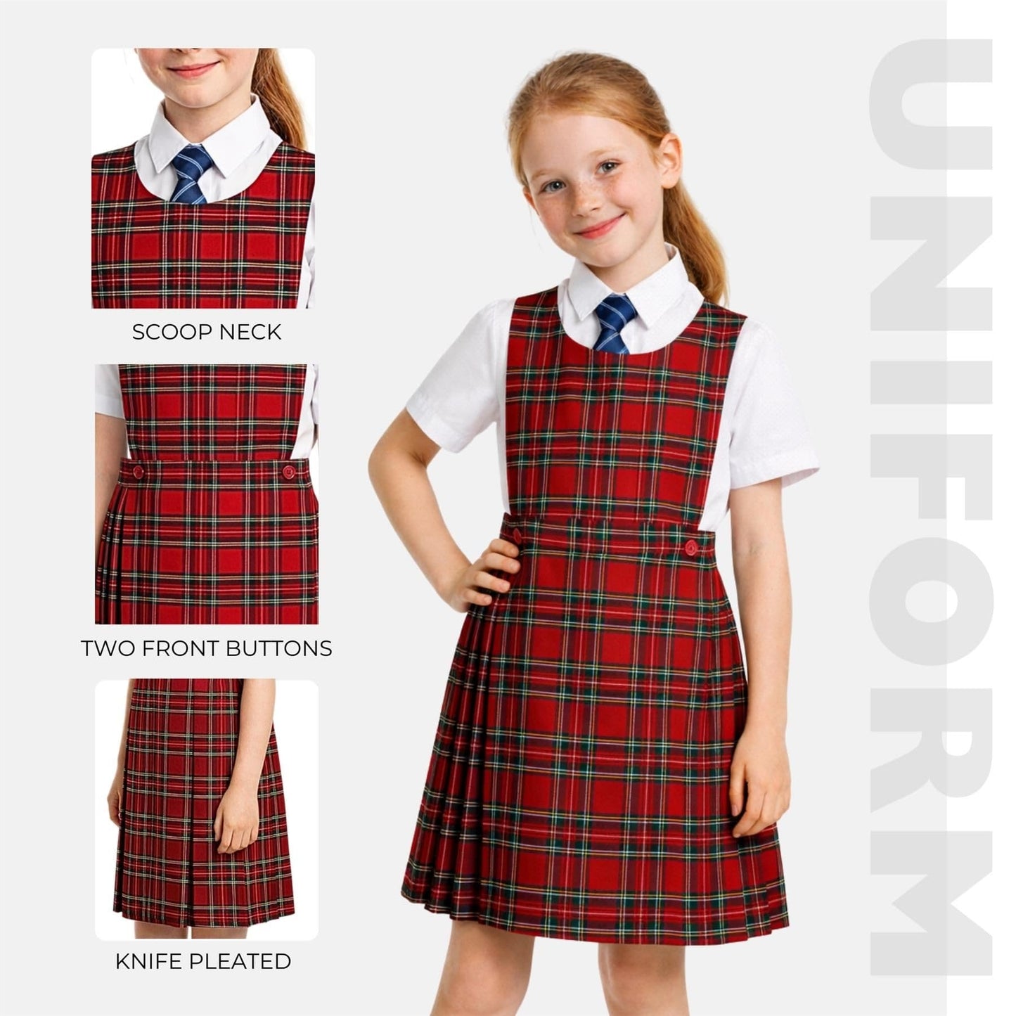 SchoolStitch® Girls School Uniform Sleeveless Pinafore Dress, Knife Pleats Wrap-Over Bib Tartan Dress, Summer School Dresses for Girls, Age 2-18 Years