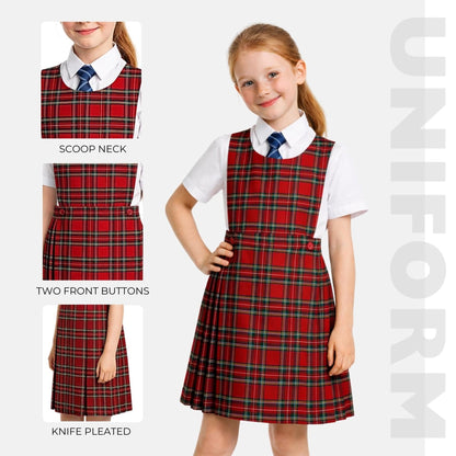 SchoolStitch® Girls School Uniform Sleeveless Pinafore Dress, Knife Pleats Wrap-Over Bib Tartan Dress, Summer School Dresses for Girls, Age 2-18 Years