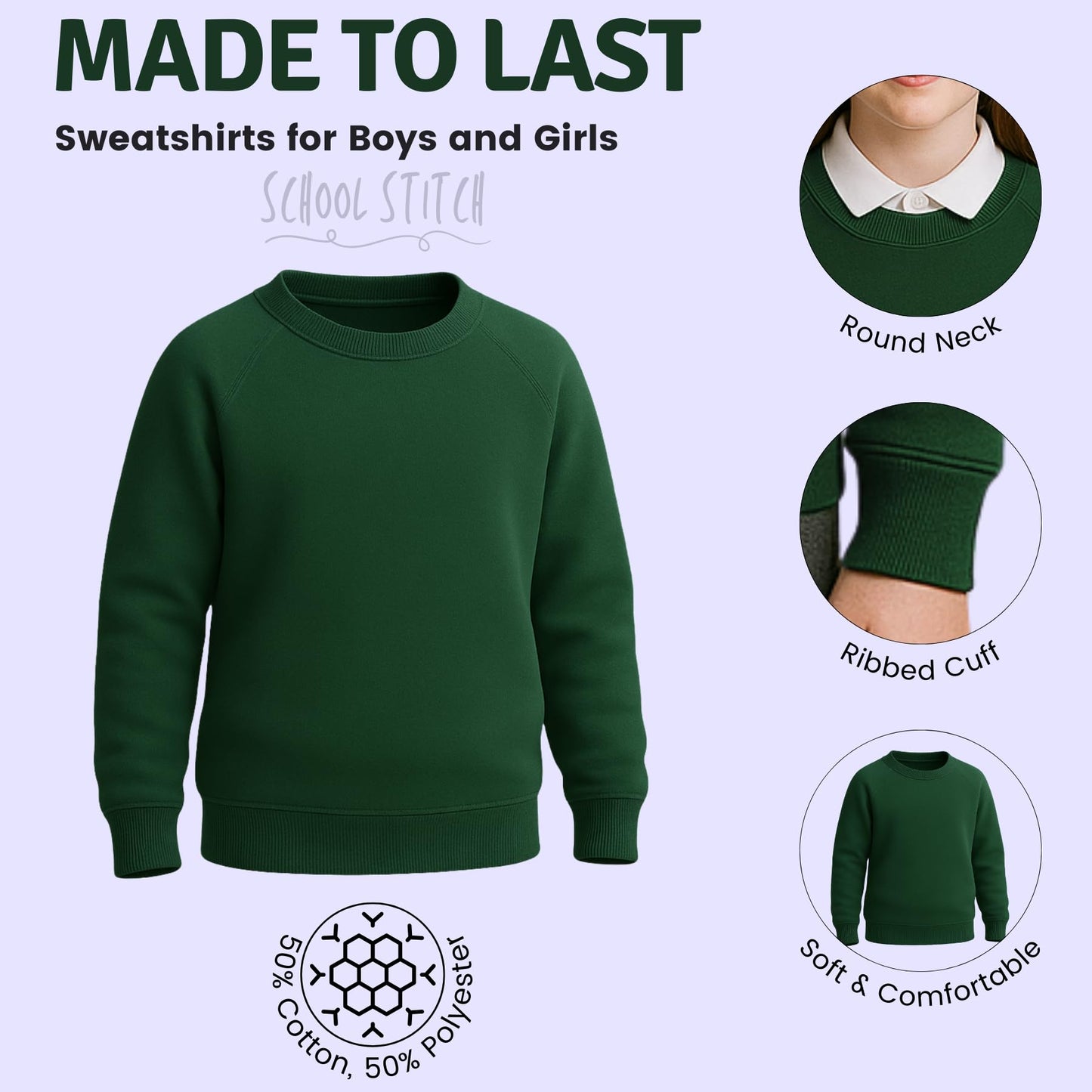 School Jumpers for Boys and Girls, Long Sleeve Fleece Jumper, Kids Unisex Crew Neck Plain Sweatshirt, School Uniform Girls and Boys, Ages 2-13