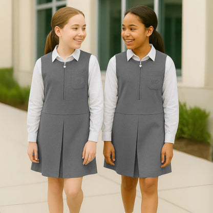 SchoolStitch® Girls School Uniform Plain Pinafore Dress, Round Neck Sleeveless Zip Closure Pleated Dress with Heart Pockets, Elegant School Uniform Girls Pinafore Dresses, Ages 2-14