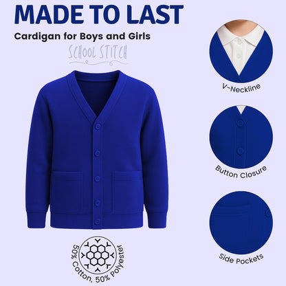 Girls Boys School Uniform Long Sleeve Cardigan, Kids Unisex Button up V Neck Jumper, Plain Sweater with Front Pockets, School Cardigans for Girls and Boys Age 2-13 Years
