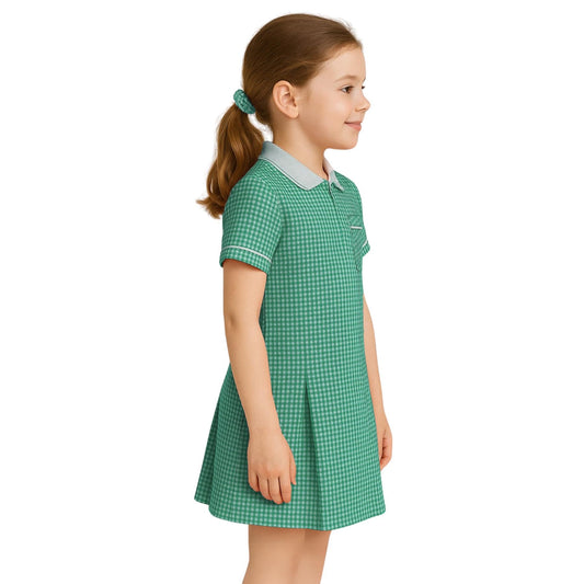 Girls Gingham School Dress, Kids Short Sleeve Zip up Check Print Pleated School Uniform Girls Summer Dress with Side Pockets and Hair Bobble, Ages 3-20