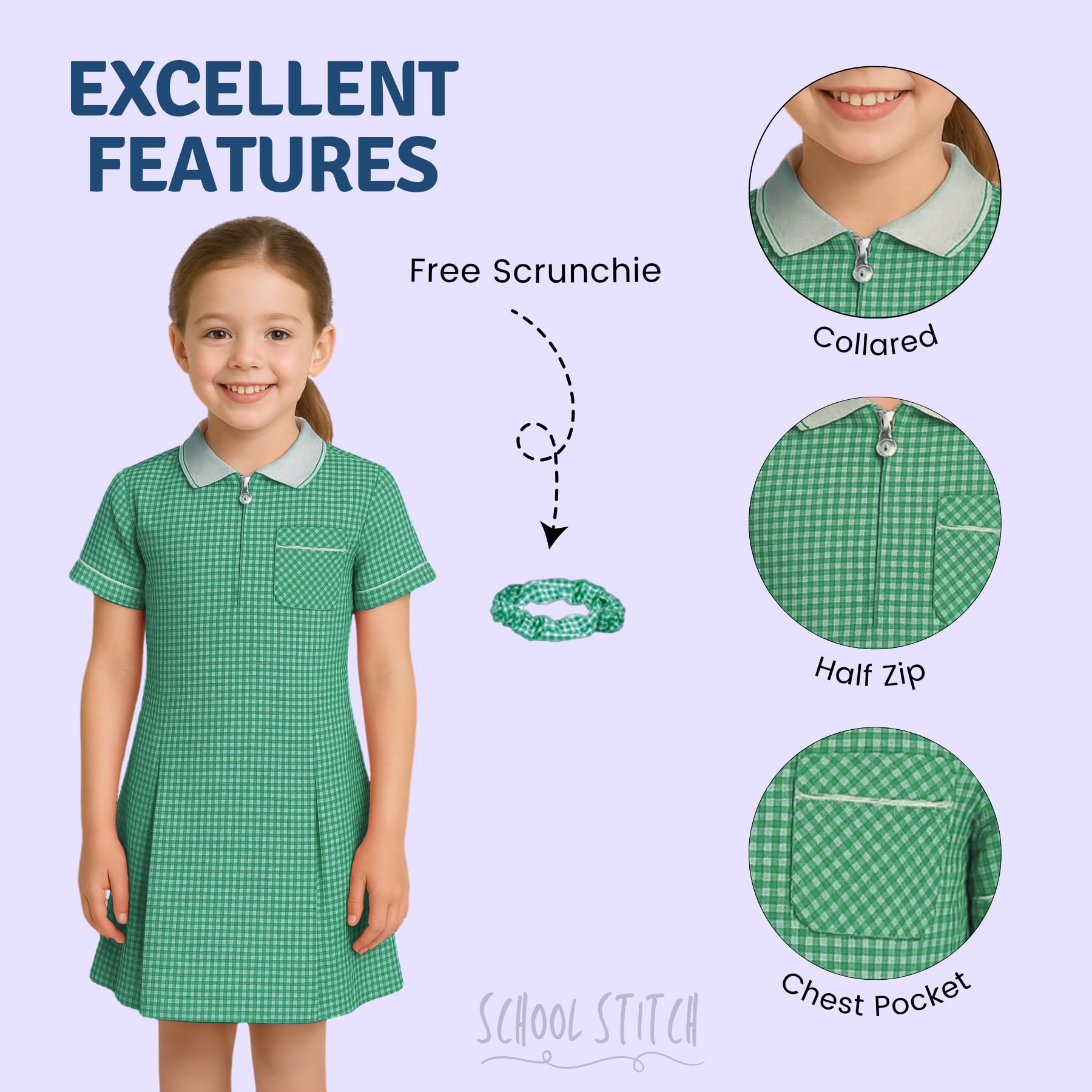 Girls Gingham School Dress, Kids Short Sleeve Zip up Check Print Pleated School Uniform Girls Summer Dress with Side Pockets and Hair Bobble, Ages 3-20