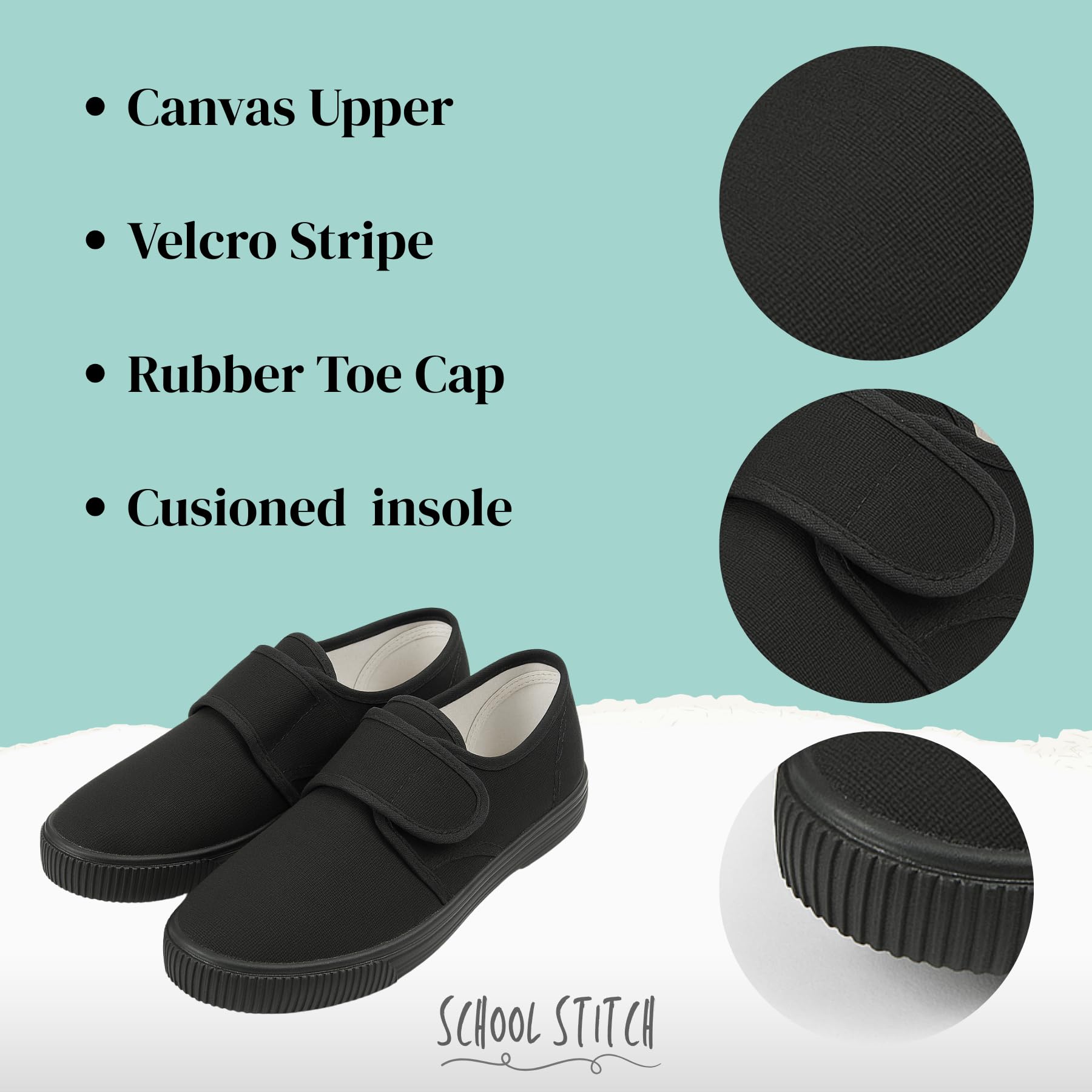 Boys Girls School Shoes, Unisex Kids Plimsole Pumps with Touch Fastening, Plain Black PE Sports Girls and Boys Gym Trainers, Kids Flat Canvas Shoes