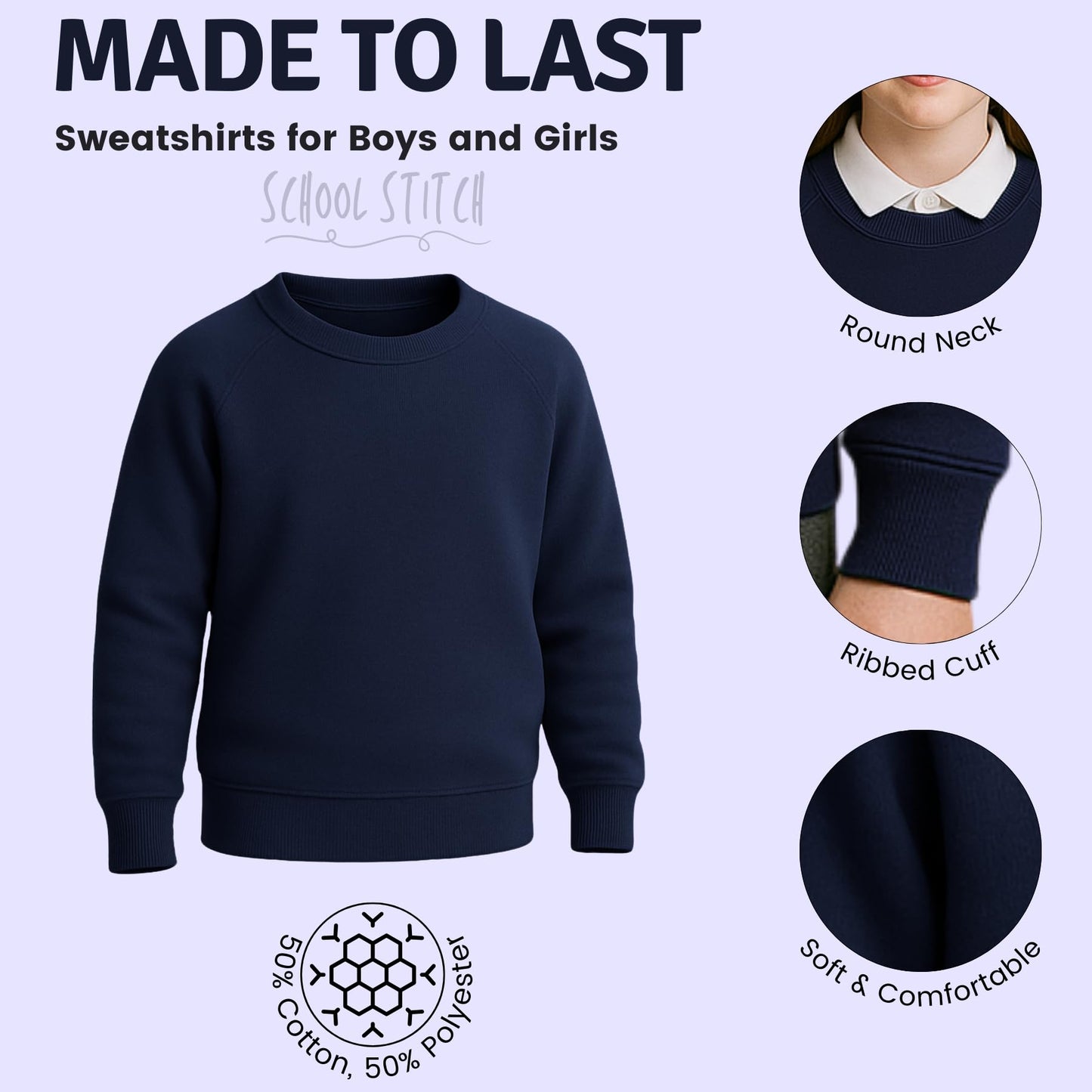 School Jumpers for Boys and Girls, Long Sleeve Fleece Jumper, Kids Unisex Crew Neck Plain Sweatshirt, School Uniform Girls and Boys, Ages 2-13