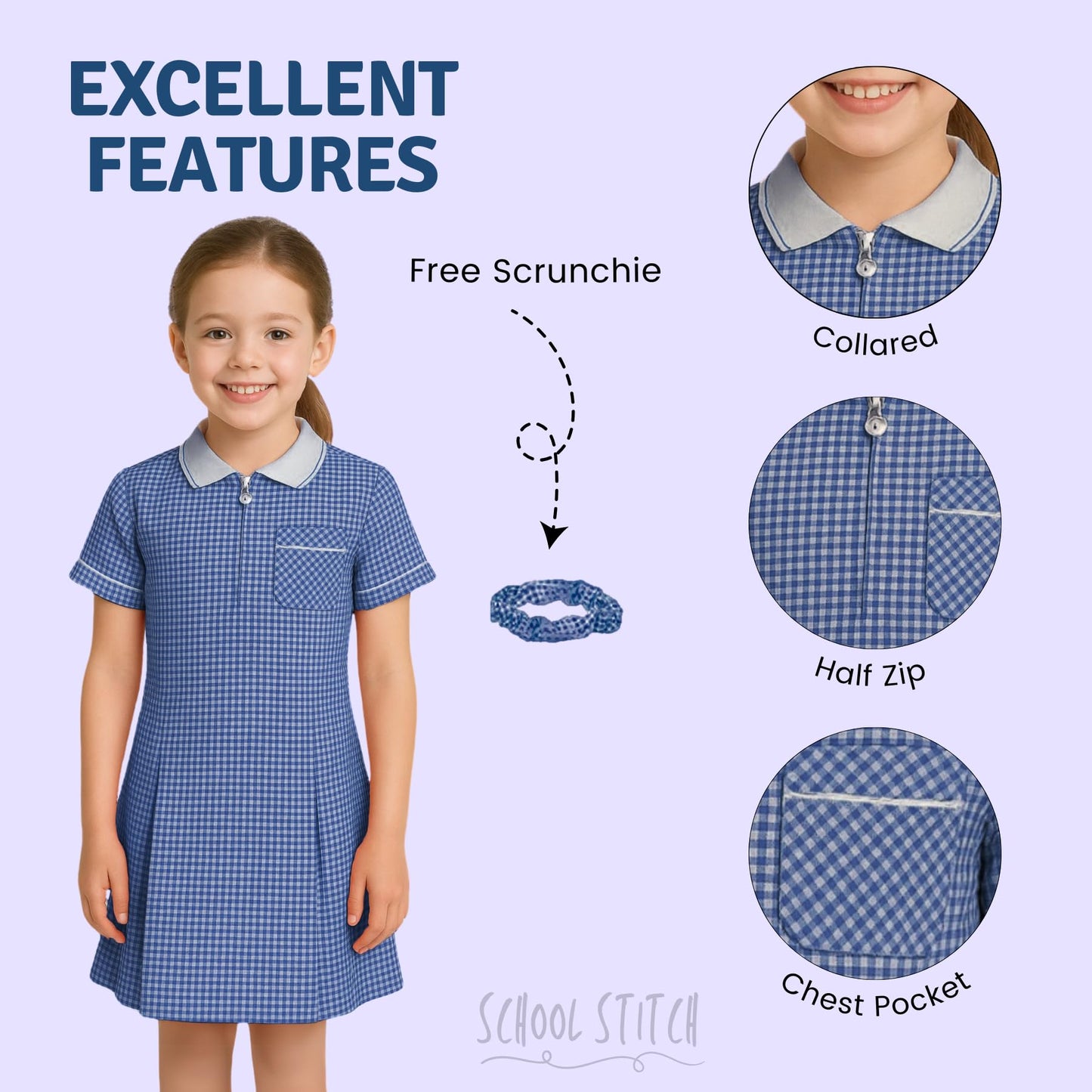 Girls Gingham School Dress, Kids Short Sleeve Zip up Check Print Pleated School Uniform Girls Summer Dress with Side Pockets and Hair Bobble, Ages 3-20
