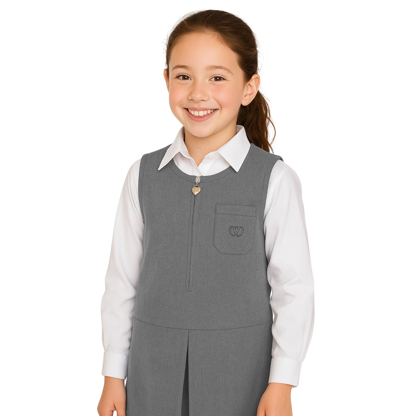 SchoolStitch® Girls School Uniform Plain Pinafore Dress, Round Neck Sleeveless Zip Closure Pleated Dress with Heart Pockets, Elegant School Uniform Girls Pinafore Dresses, Ages 2-14