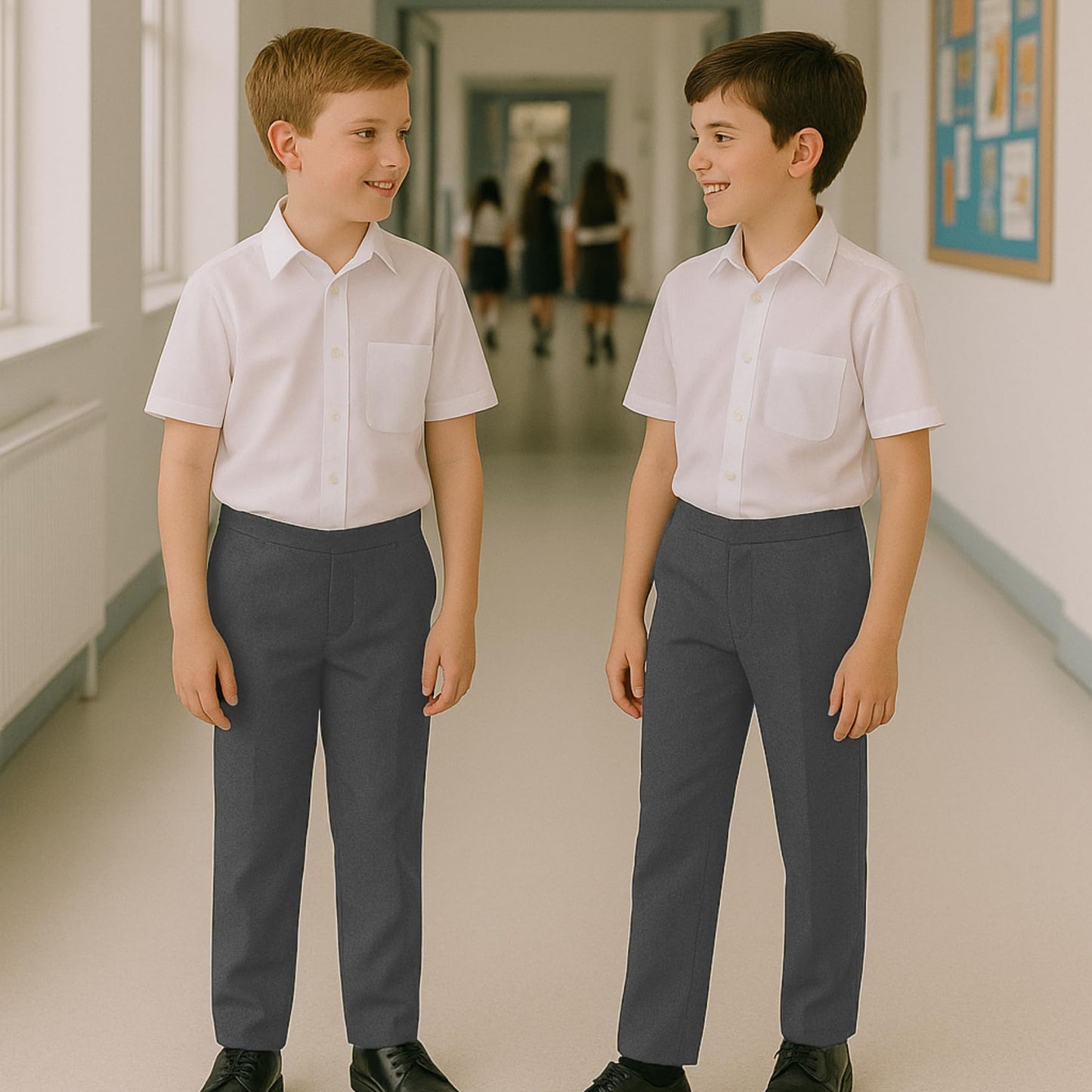 Boys School Trousers, Plain Flat Front Pull Up Half Elastic Waist Trousers, Teflon Coated Stain-Resistant School Uniform Pants, Ages 3-13