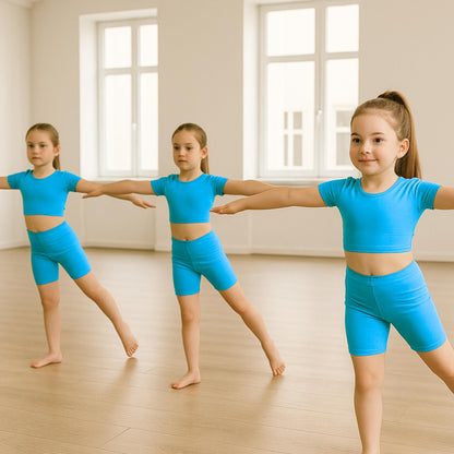 School Stitch® 3 Piece Gymnastics Leotards for Girls Set, Plain Microfibre Half Sleeve Crop Tops with Elastic Waist Shorts & Scrunchie, Dance Costume Ballet Leotards for Girls Gymnastics Kids Age 3-13