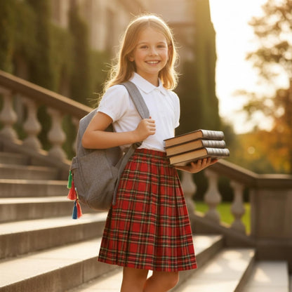 SchoolStitch® Girls Box Pleated School Skirt, Plain All-Round Elasticated Waist Pleated Skirt, Knee Length Tartan Skirts, School Uniform Girls Summer Skirts, Ages 2-57