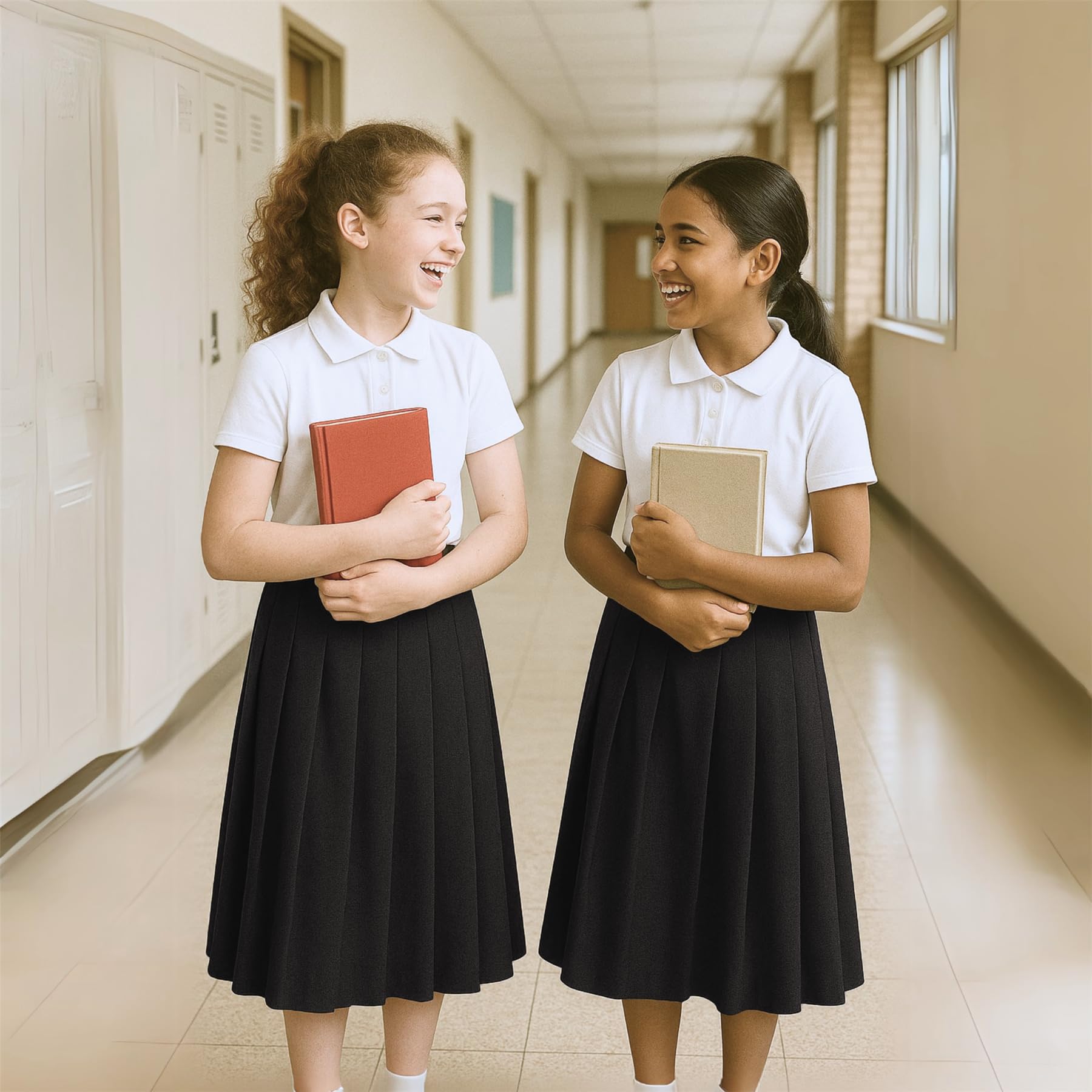 SchoolStitch® Girls School Skirt, Plain Zip Back Button Knee Length Knife Pleated Skirt, Ladies Formal Wear Skirts, Lightweight Girls School Uniform Summer Skirts