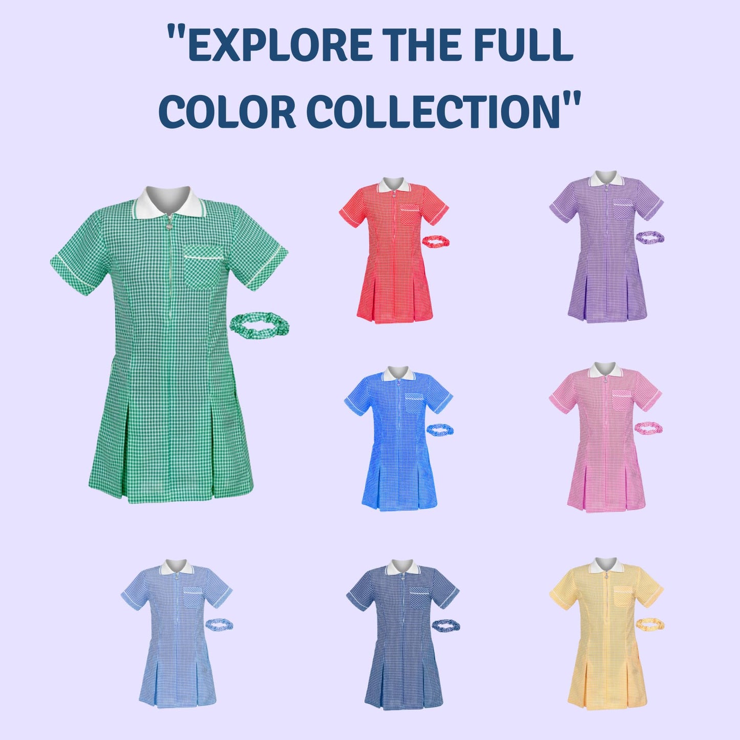 Girls Gingham School Dress, Kids Short Sleeve Zip up Check Print Pleated School Uniform Girls Summer Dress with Side Pockets and Hair Bobble, Ages 3-20