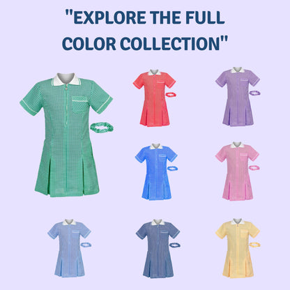 Girls Gingham School Dress, Kids Short Sleeve Zip up Check Print Pleated School Uniform Girls Summer Dress with Side Pockets and Hair Bobble, Ages 3-20