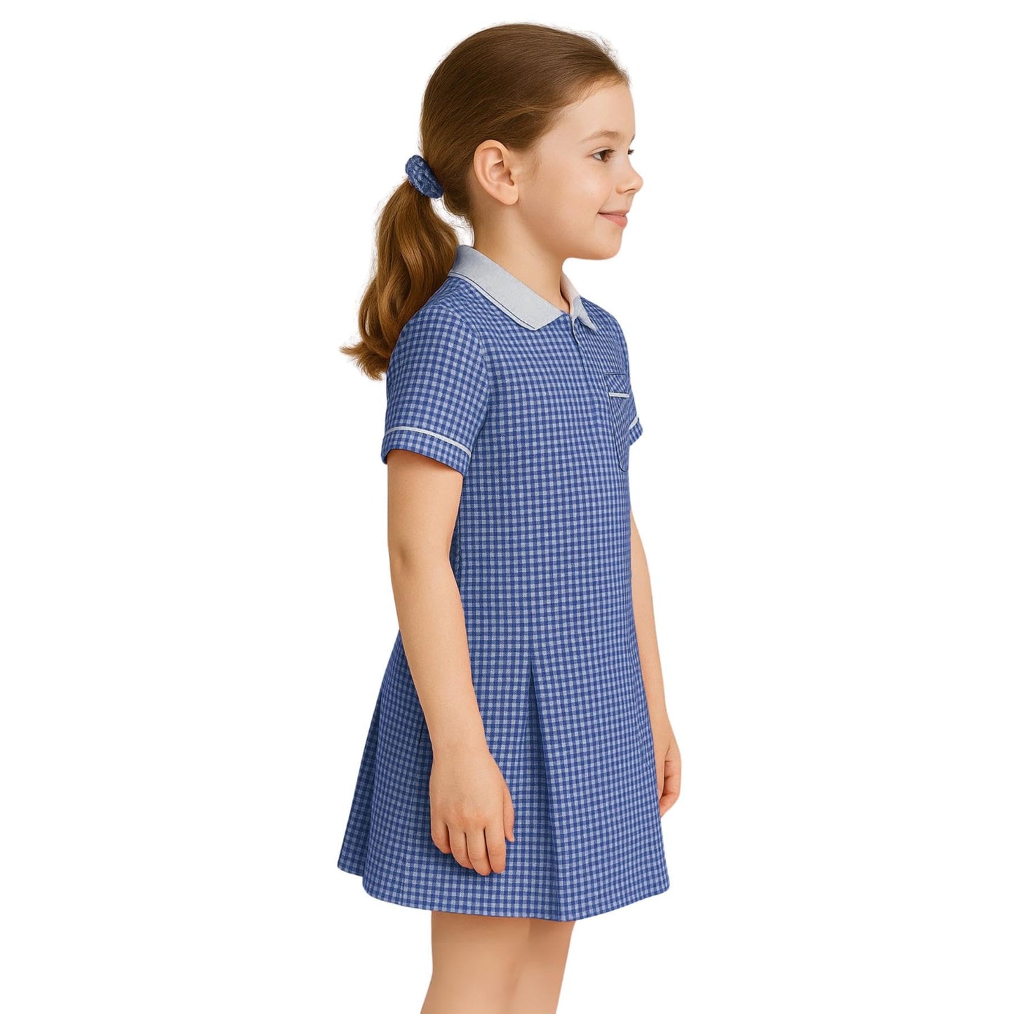Girls Gingham School Dress, Kids Short Sleeve Zip up Check Print Pleated School Uniform Girls Summer Dress with Side Pockets and Hair Bobble, Ages 3-20