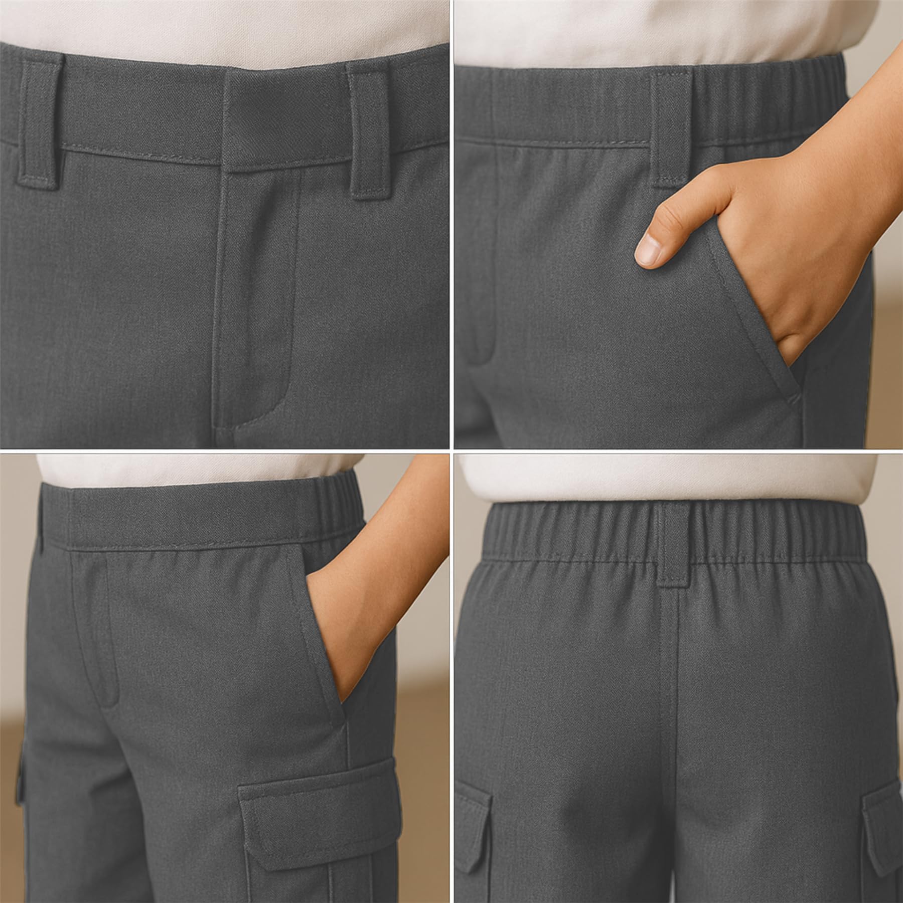 SchoolStitch® Boys School Uniform Cargo Shorts, Teflon-Coated Plain Elasticated Waist Boys Shorts with Zip and Clip Fastening, Black & Grey Uniform Summer Short Pants, Ages 3-13 Years