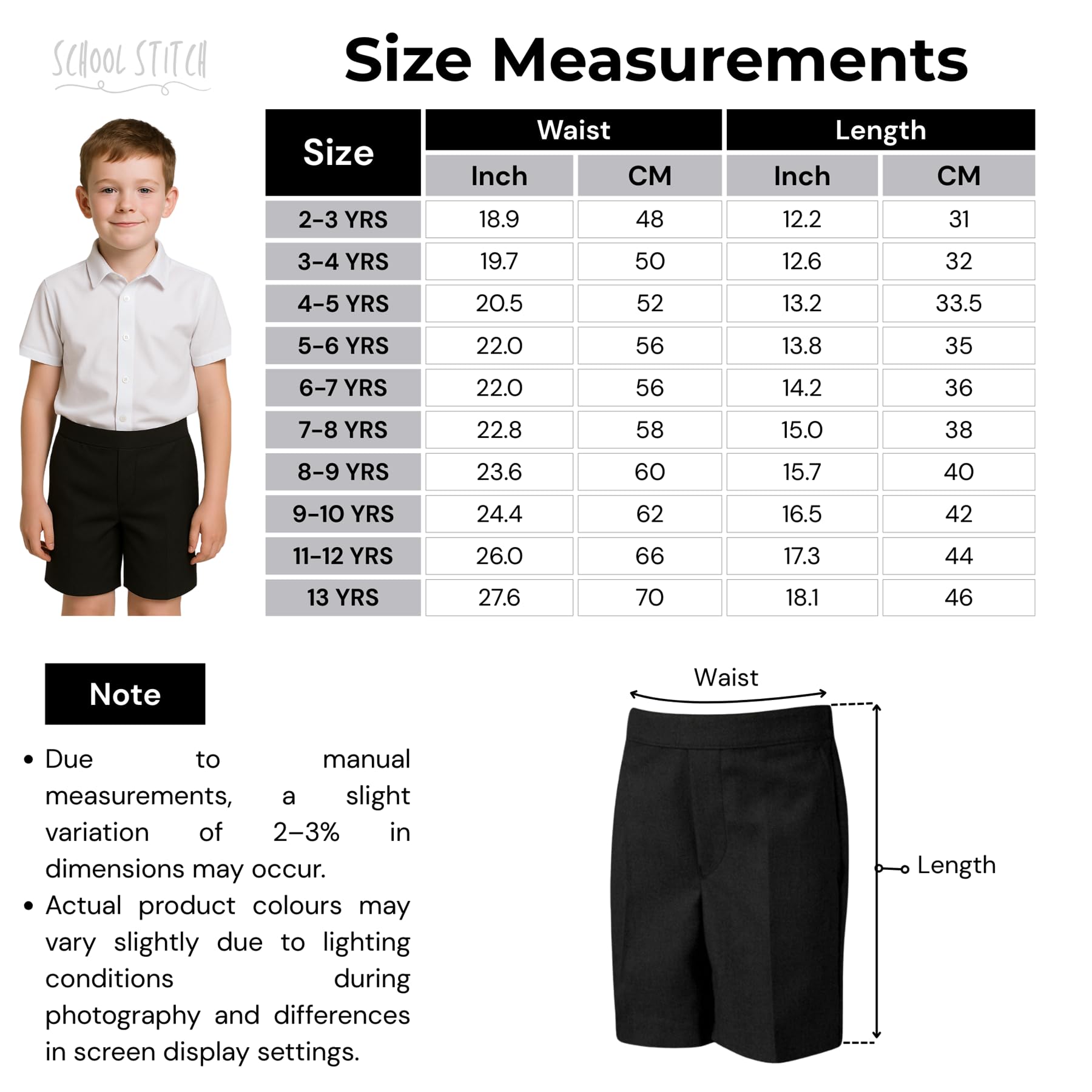 Boys School Shorts, Half Elastic Back Knee Length Pull On Shorts with Pockets, Kids Plain Teflon Coated Black Short Pants, School Uniform Boys Ages 2-13