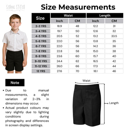 Boys School Shorts, Half Elastic Back Knee Length Pull On Shorts with Pockets, Kids Plain Teflon Coated Black Short Pants, School Uniform Boys Ages 2-13