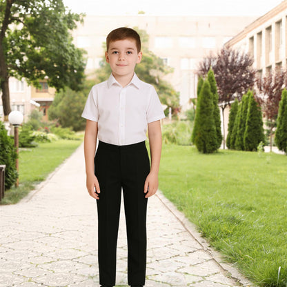 School Stitch® Boys School Trousers, Plain Slim Fit Half Elastic Waist Trousers with Two Side Pockets, Stylish Pull Up School Uniform Pants, Ages 2-13