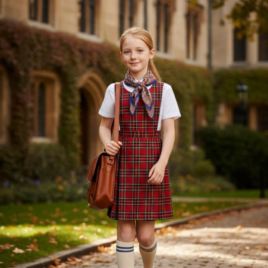 SchoolStitch® Girls School Uniform Sleeveless Pinafore Dress, Knife Pleats Wrap-Over Bib Tartan Dress, Summer School Dresses for Girls, Age 2-18 Years