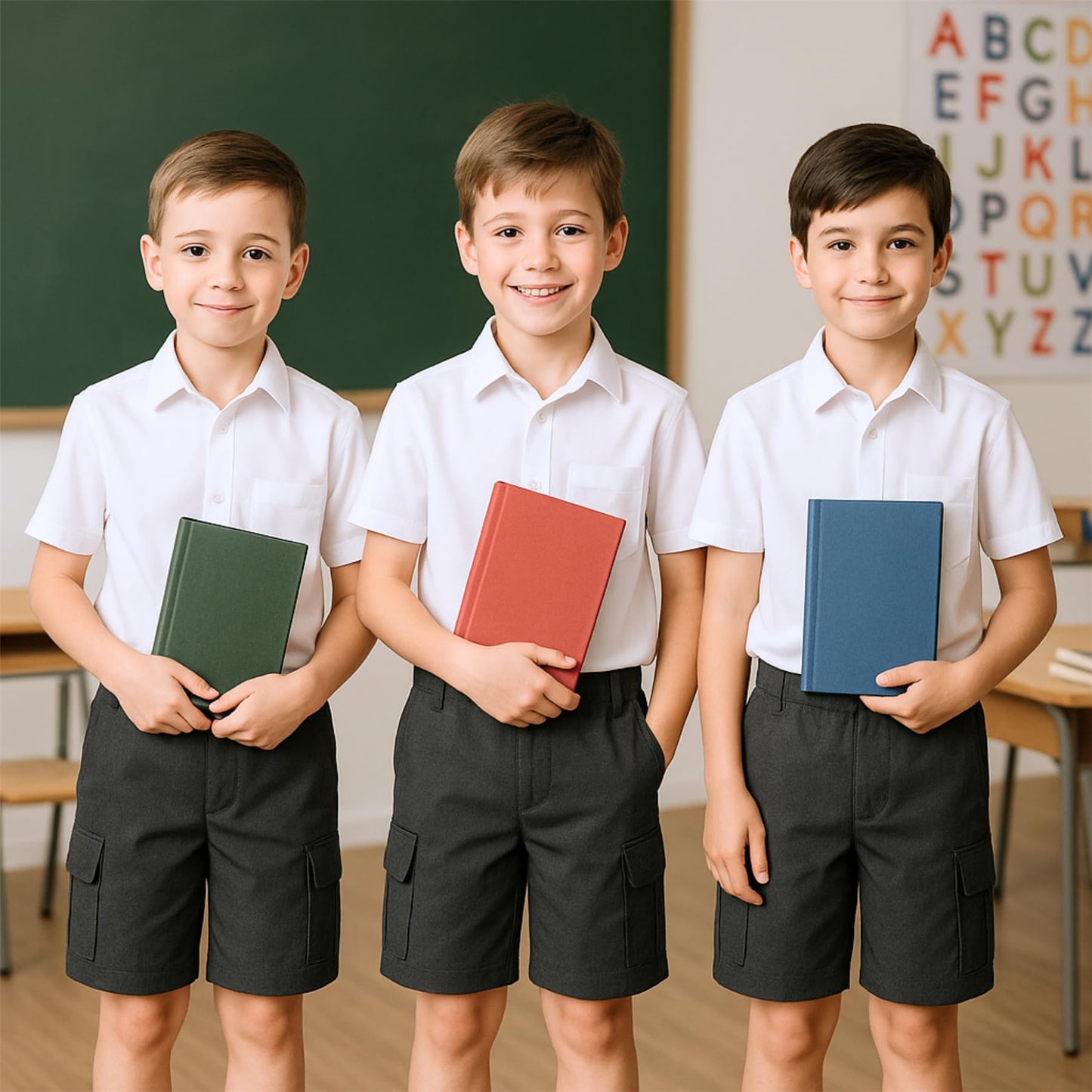 SchoolStitch® Boys School Uniform Cargo Shorts, Teflon-Coated Plain Elasticated Waist Boys Shorts with Zip and Clip Fastening, Black & Grey Uniform Summer Short Pants, Ages 3-13 Years