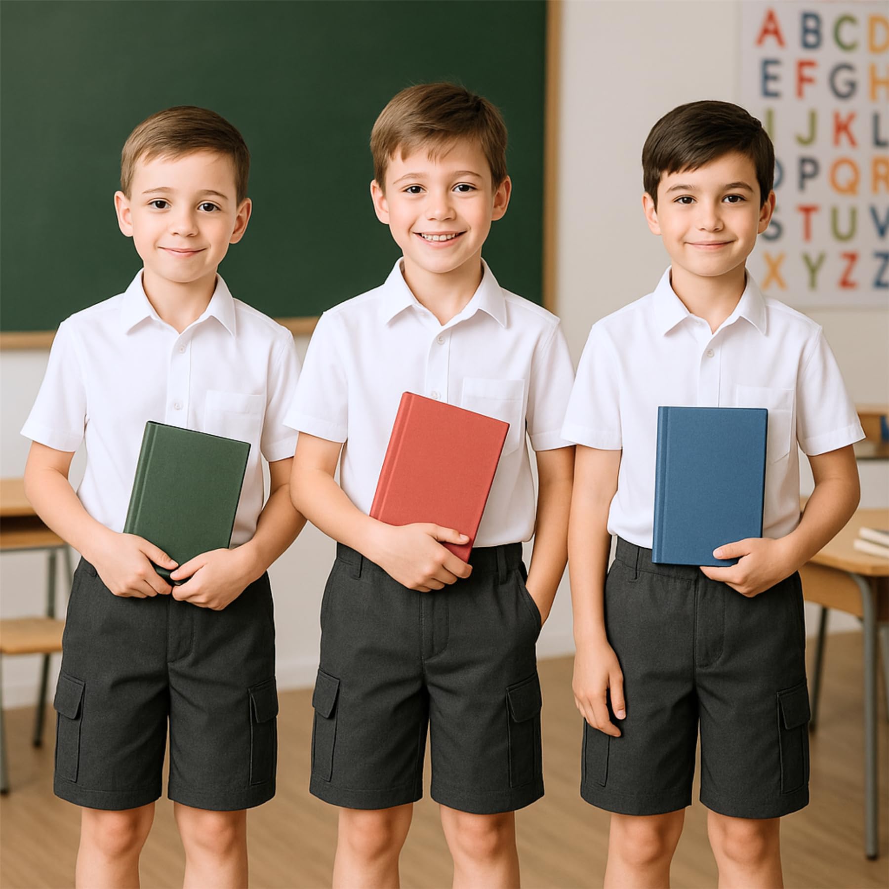 SchoolStitch® Boys School Uniform Cargo Shorts, Teflon-Coated Plain Elasticated Waist Boys Shorts with Zip and Clip Fastening, Black & Grey Uniform Summer Short Pants, Ages 3-13 Years