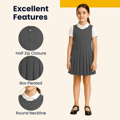 Girls School Uniform Pinafore Dress, Round Neck Sleeveless Pleated Dress, Heart Zip School Pinafore for Girls with Two Button Front, Ages 2-16