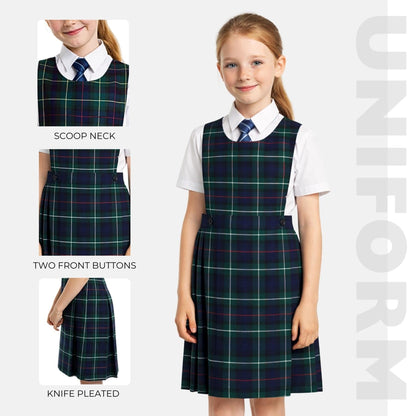 SchoolStitch® Girls School Uniform Sleeveless Pinafore Dress, Knife Pleats Wrap-Over Bib Tartan Dress, Summer School Dresses for Girls, Age 2-18 Years