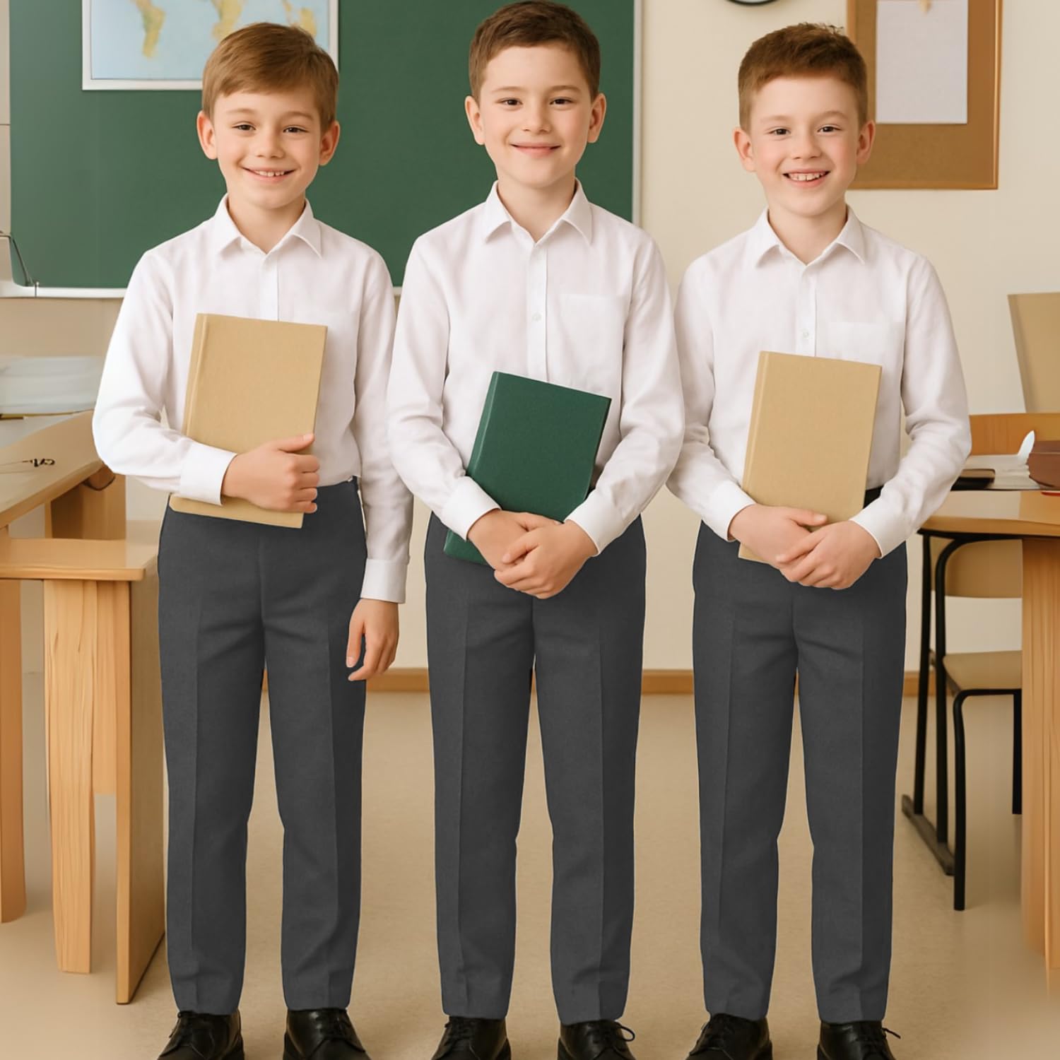 SchoolStitch® Boys School Trousers, Plain Flat Front Waist Adjuster Boys Trousers, Comfortable Slim Fit School Uniform Pants with Pockets