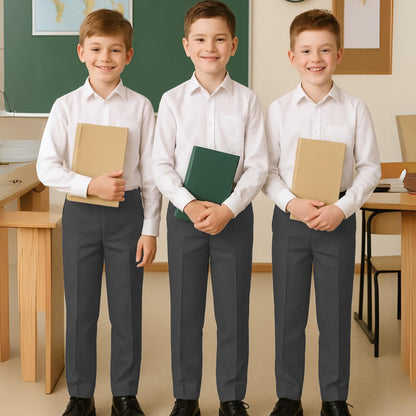 SchoolStitch® Boys School Trousers, Plain Flat Front Waist Adjuster Boys Trousers, Comfortable Slim Fit School Uniform Pants with Pockets