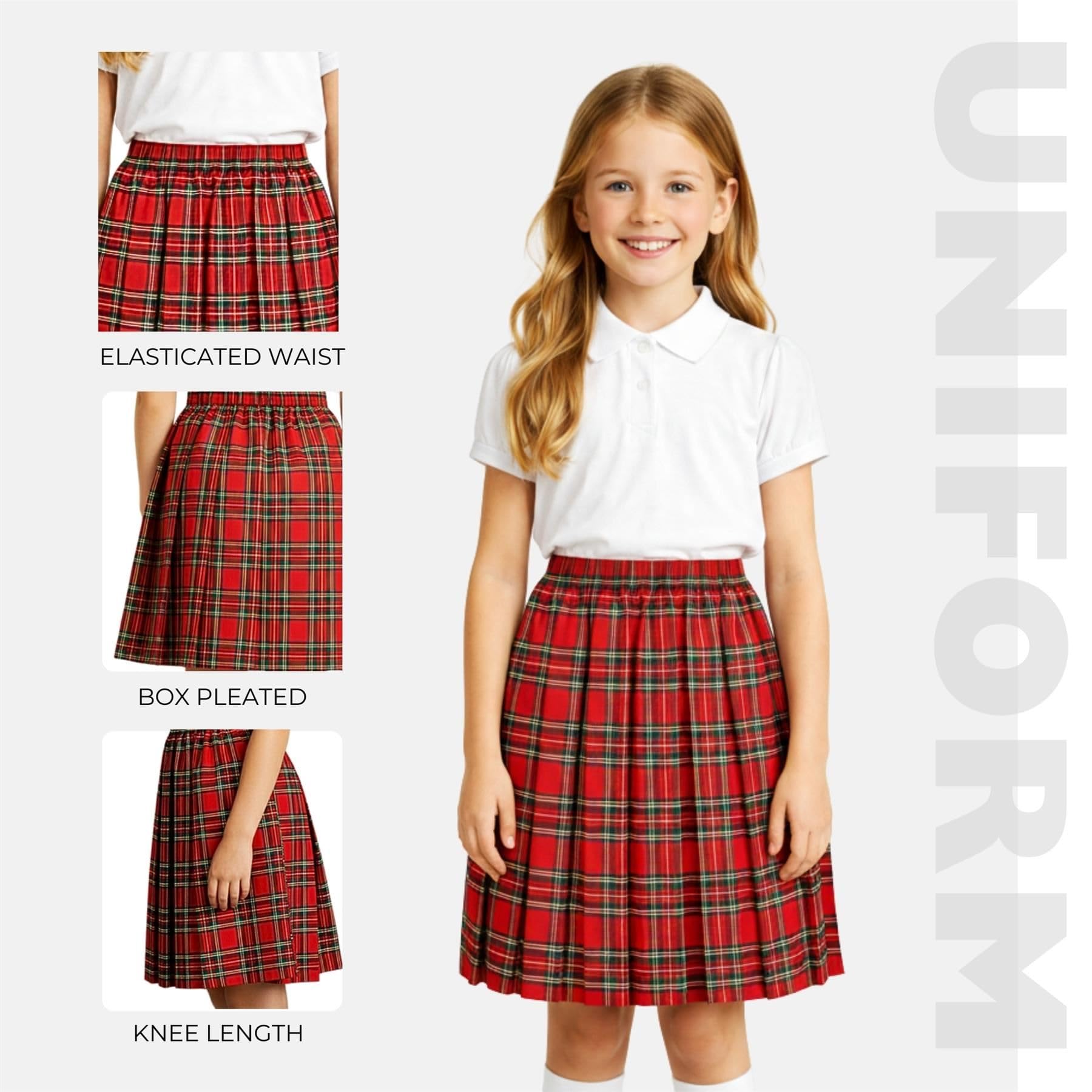 SchoolStitch® Girls Box Pleated School Skirt, Plain All-Round Elasticated Waist Pleated Skirt, Knee Length Tartan Skirts, School Uniform Girls Summer Skirts, Ages 2-56