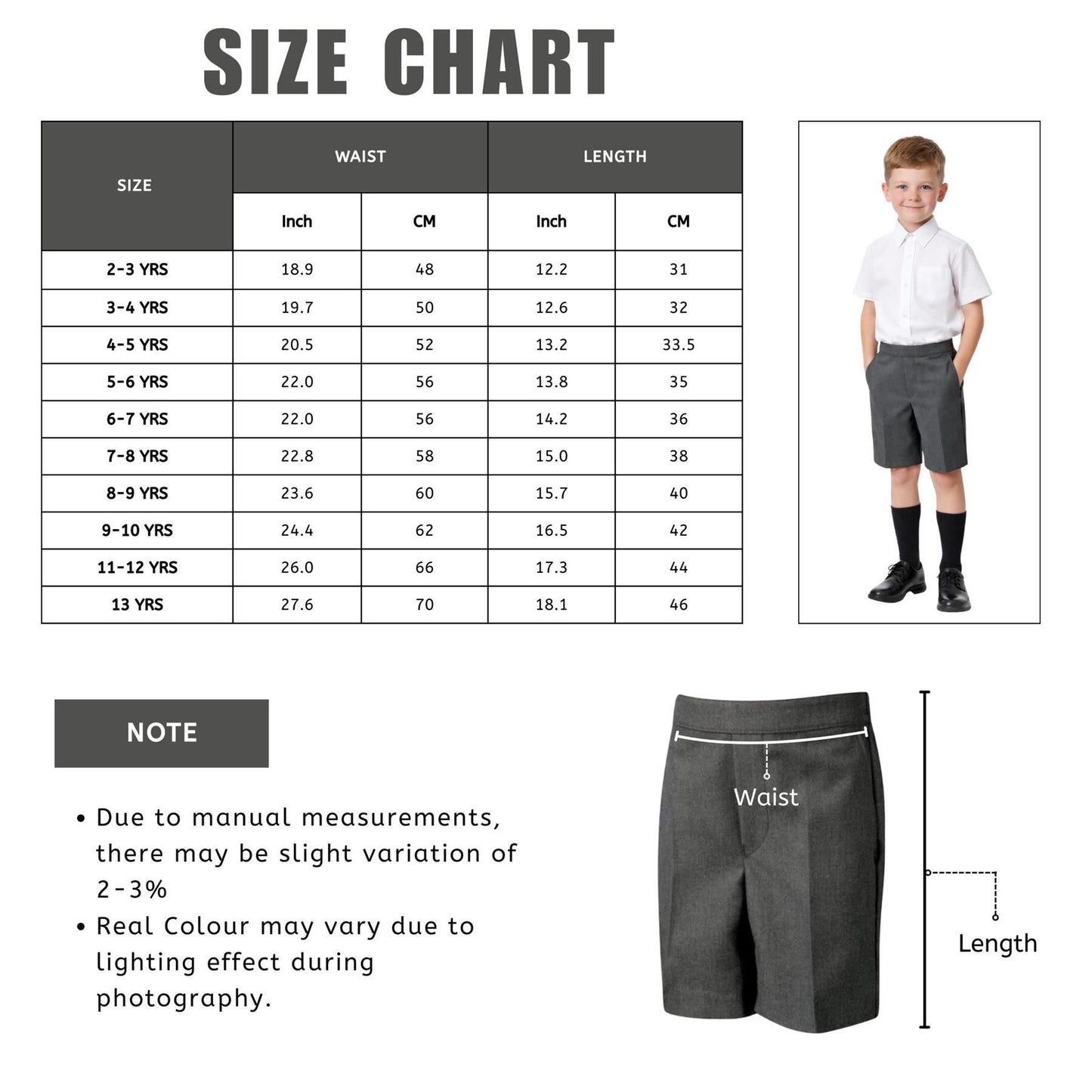 School Stitch® Boys School Shorts, Waist Adjuster with Half Elastic Back Knee Length Pull On Shorts With Pockets, Kids Plain Teflon Coated Black Short Pants, School Uniform Boys Ages 2-13