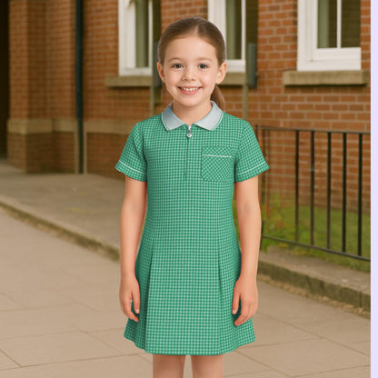 Girls Gingham School Dress, Kids Short Sleeve Zip up Check Print Pleated School Uniform Girls Summer Dress with Side Pockets and Hair Bobble, Ages 3-20