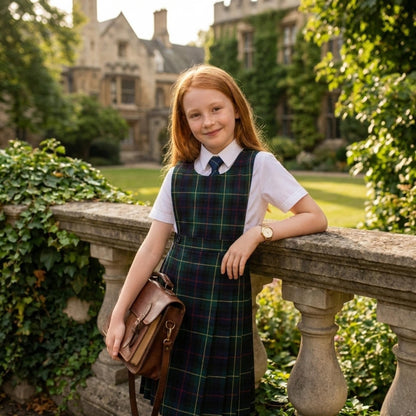SchoolStitch® Girls School Uniform Sleeveless Pinafore Dress, Knife Pleats Wrap-Over Bib Tartan Dress, Summer School Dresses for Girls, Age 2-18 Years