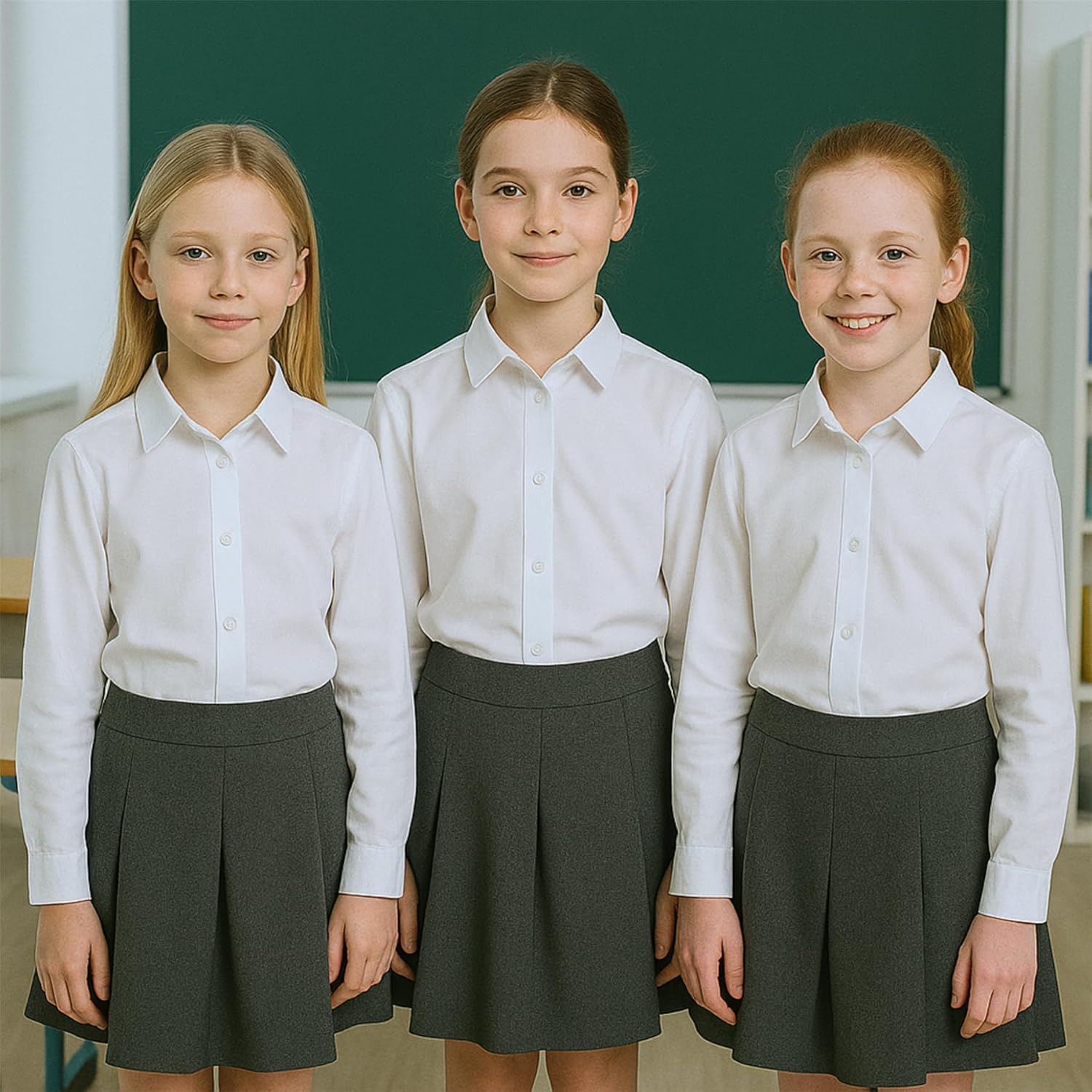 SchoolStitch® Girls Long Sleeve School Shirts, Pack of 2 Plain Collared Button Down Girls Blouse with Cuffed Sleeves, School Uniform White Shirt Kids Ages 3-15+